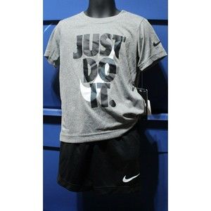 Nike Boy`s Dri-Fit T-Shirt & Shorts 2 Piece Set (Black(66F026-023)/White/Grey